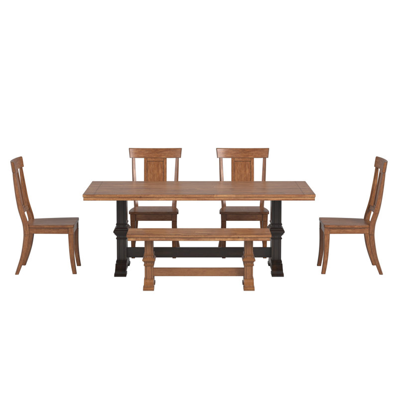 Ensemble de salle à manger Lumley 7 pièces, dessus en chêne massif, chaises à dossier à panneaux, table à piètement noir antique et banc à piètement en chêne.