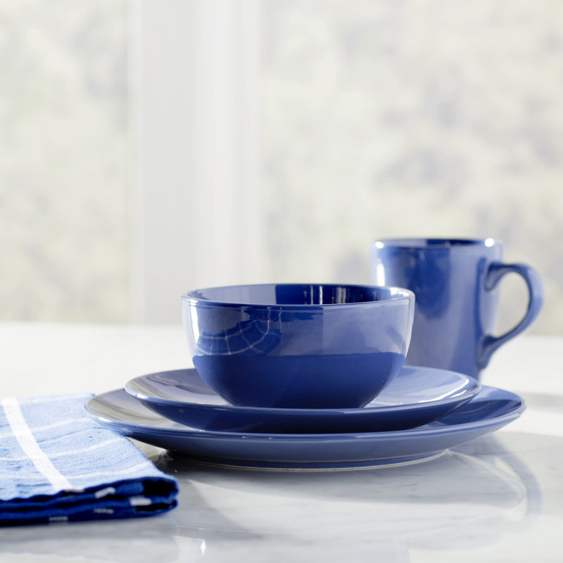Rashawna Stoneware Dinnerware - Set of 16, Cobalt Blue