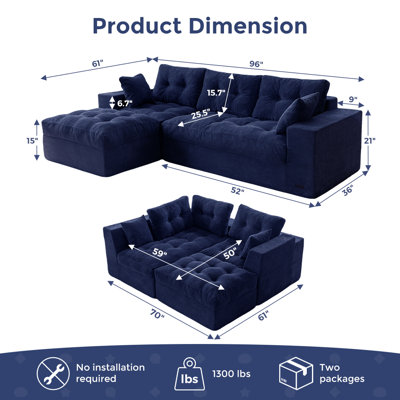 96"Cloud Modular Sectional Sofa,No Assembly Required Boneless Couch