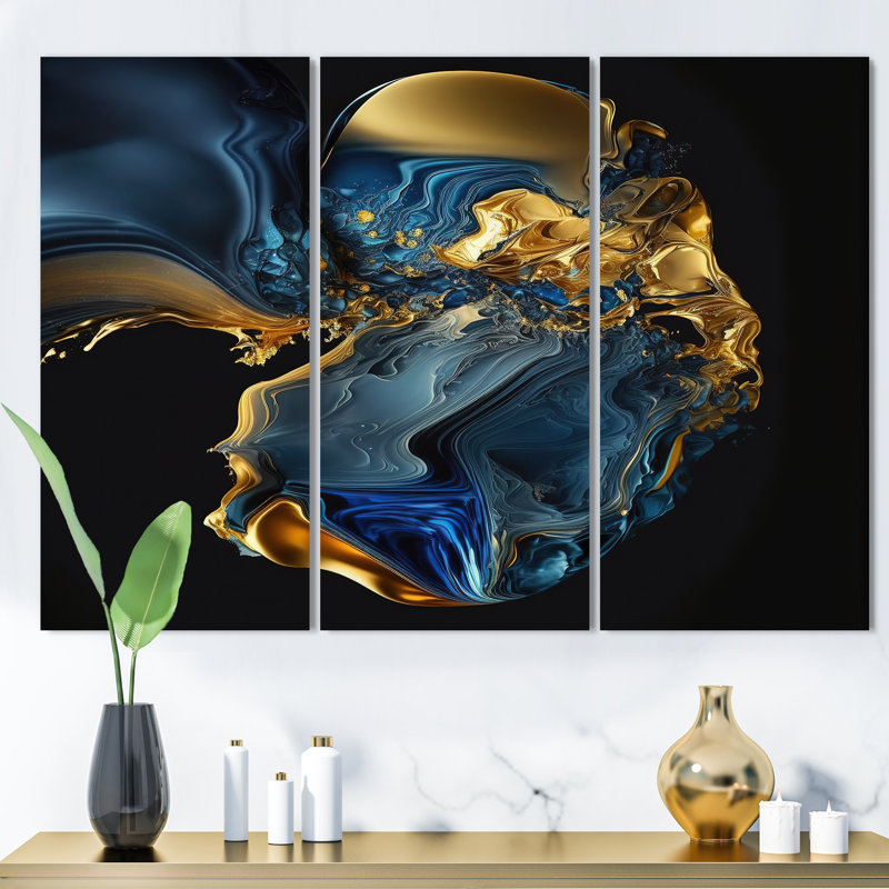 Géode abstraite marbre bleu et or - ensemble d'art mural sur toile à encre liquide, H 32 po x l 48 po x P 1 po, Toile tendue