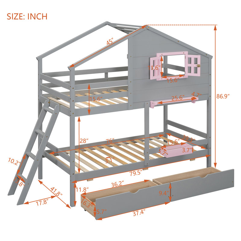 Vandenbosch Twin over Twin 2 Drawer Standard Bunk Bed by Harper Orchard, Gray