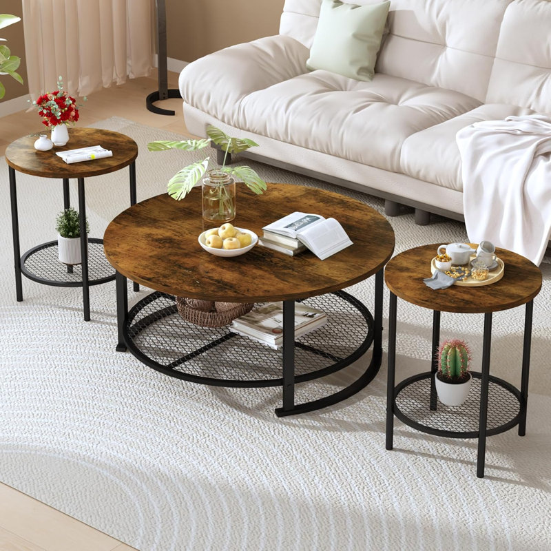 Modern German Style 3 Piece Coffee Table Set, Brown Wood