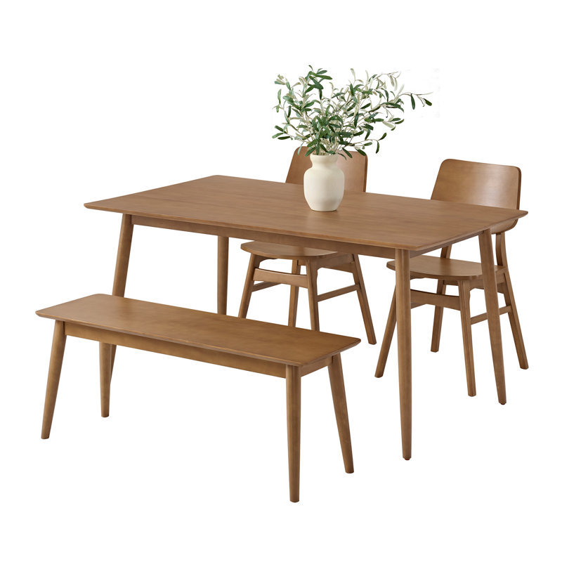 Calais 4 Piece Dining Table Set For 4 With Chairs and Bench - 59” Solid Wood Kitchen Table, Bench, And 2 Chairs - Mid Century Modern Furniture For Dining Room Or Kitchen (Pecan)