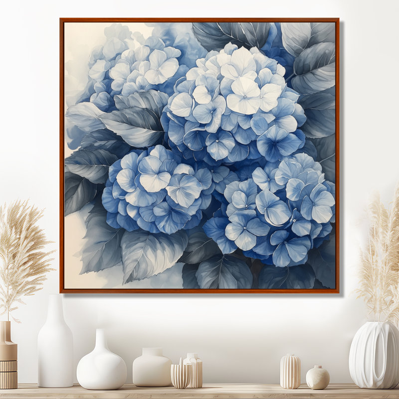 Hortensia grappe avec pétales bleus I - hydrangées, art mural sur toile, H 36 po x l 36 po, Impression encadrée flottante