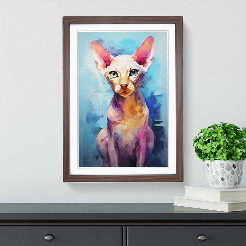 Sphynx Cat Gestural - Single Picture Frame Print on Wood, 46cm H x 34cm W, Walnut Framed