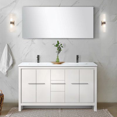 White Double Bath Vanity 60 In. W X 20 In. D, White Quartz Top And Gun Metal Faucet Set