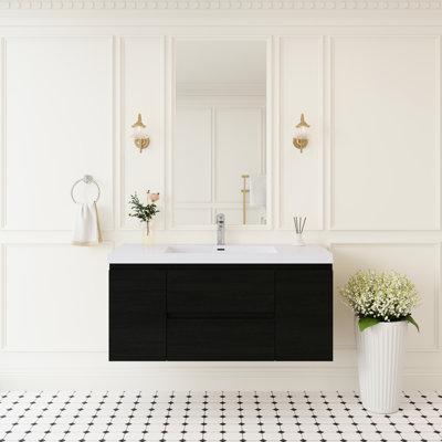 Meuble-lavabo mural 48 po avec lavabo, bois, tiroirs à fermeture en douceur, résine blanc brillant une pièce, assemblage rapide