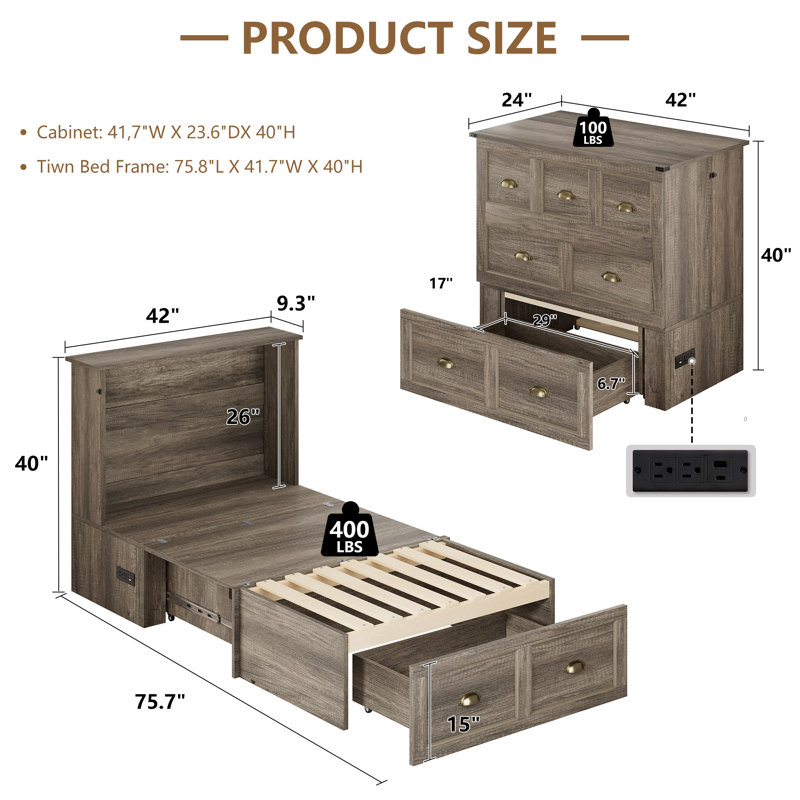 Arlina Farmhouse Twin Murphy Bed With Charging Station & Storage Drawer,Rusitc Gray, Gray