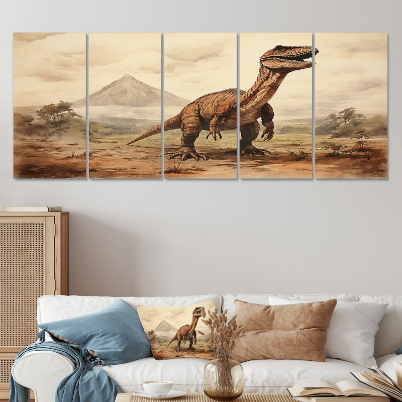«Vintage Dinosaure paysage I» - Art mural 5 pièces pour salon, H 28 po x l 60 po
