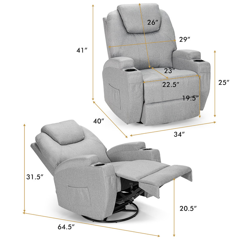 Fauteuil inclinable électrique pivotant de 34 po de largeur avec masseur