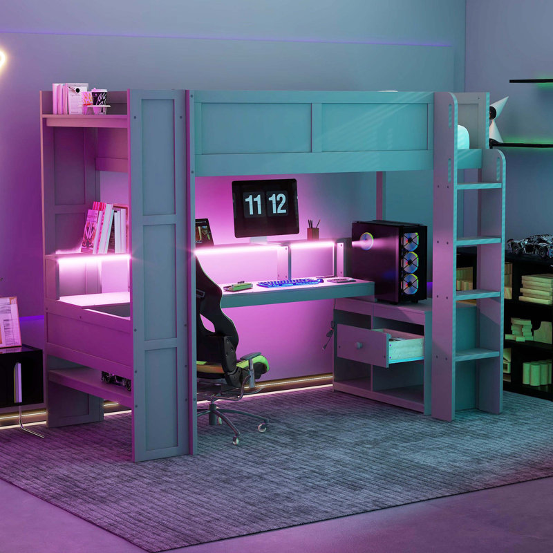 Lit mezzanine en bois dédié avec jeu de travail en bois, tablettes multicouches, lumières DEL et station de charge pratique, gris foncé