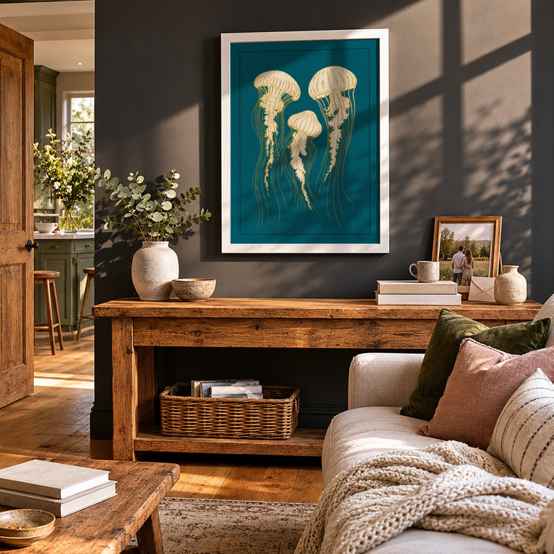 Three Jellyfish Coastal - Print, A2 - 59.4 x 42.0 cm, White