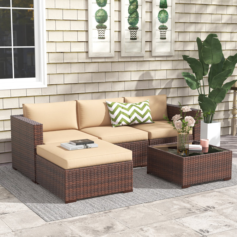Abler 3-Person Wicker Modular Patio Conversation Set with Cushions, Brown/Navy
