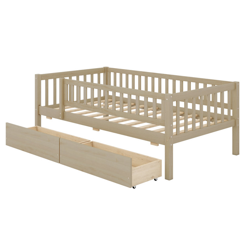Lit de jour simple en bois avec deux tiroirs, Lit simple, Naturel
