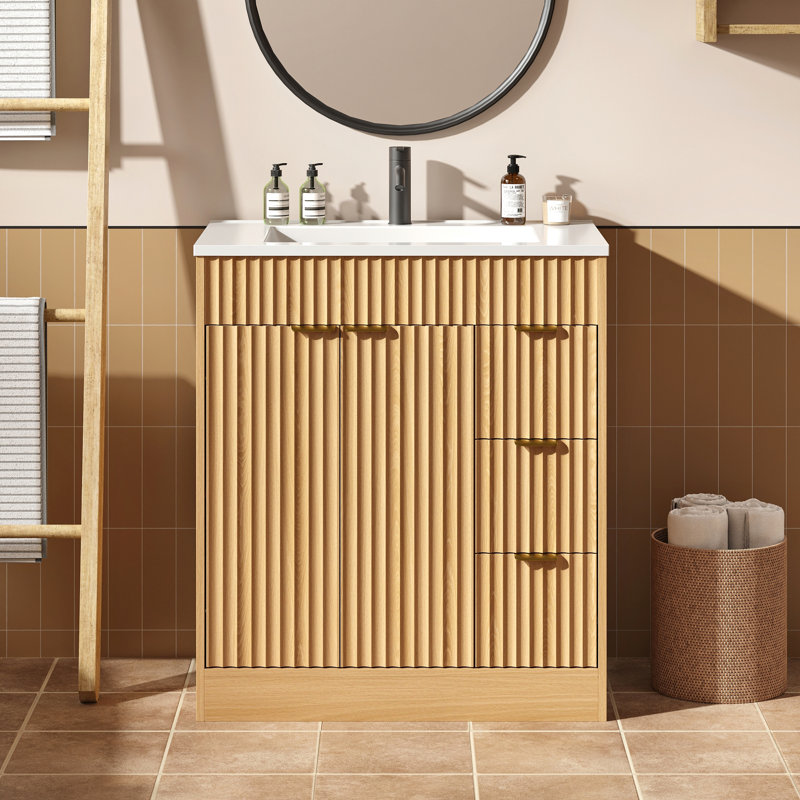 Meuble-lavabo simple en bois avec tiroirs Adonia, 30", Beige