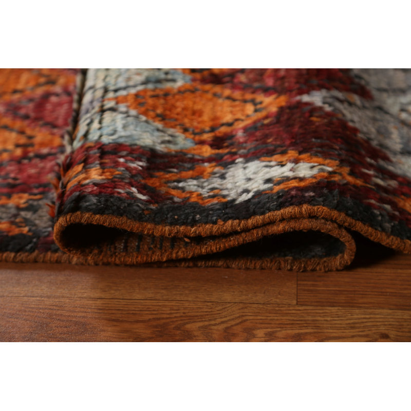 Tapis gris / orange / rouille en laine noué à la main de conception unique 7 pi x 9 pi 9 po New Age