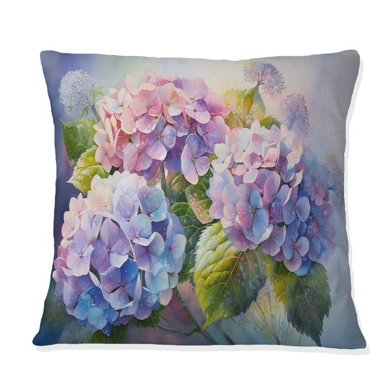 Coussin décoratif imprimé hortensia rose et mauve, 18" x 18"