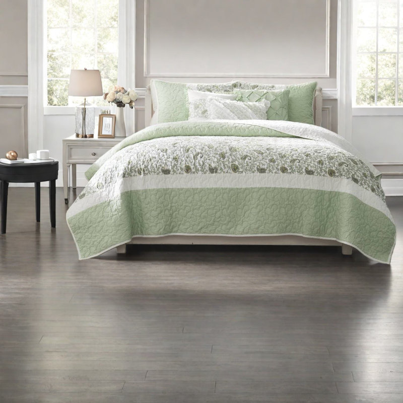 Ensembles de literie à motif floral chic, vert sauge en coton, style maison de campagne