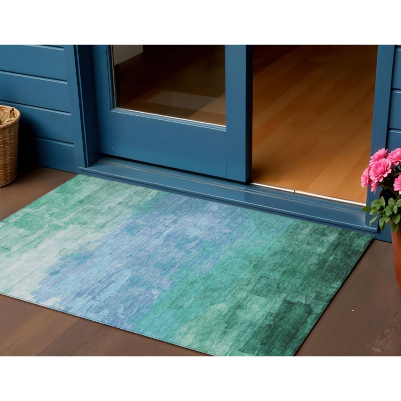 Tapis bleu sarcelle et turquoise à rayures 3 pi x 5 pi
