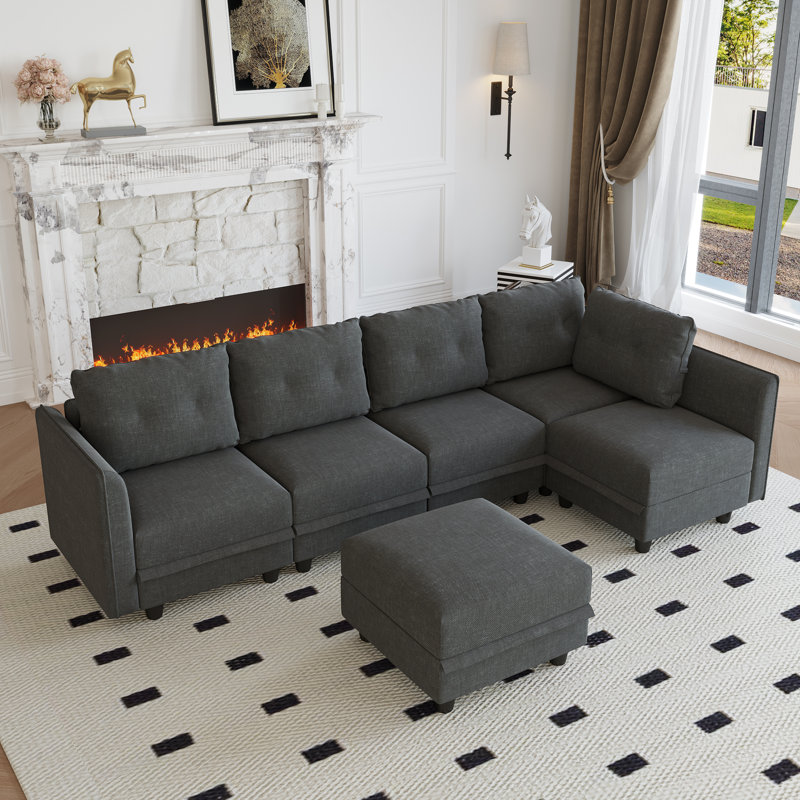 Canapé modulaire réversible avec repose-pieds Bresee, Similicuir bleu ciel, H 34 po x l 112 po x P 56 po