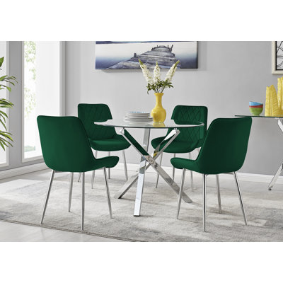 Seline Modern Round Dining Table Set in Glass and Chrome with 4 Luxury Velvet Leather Chairs