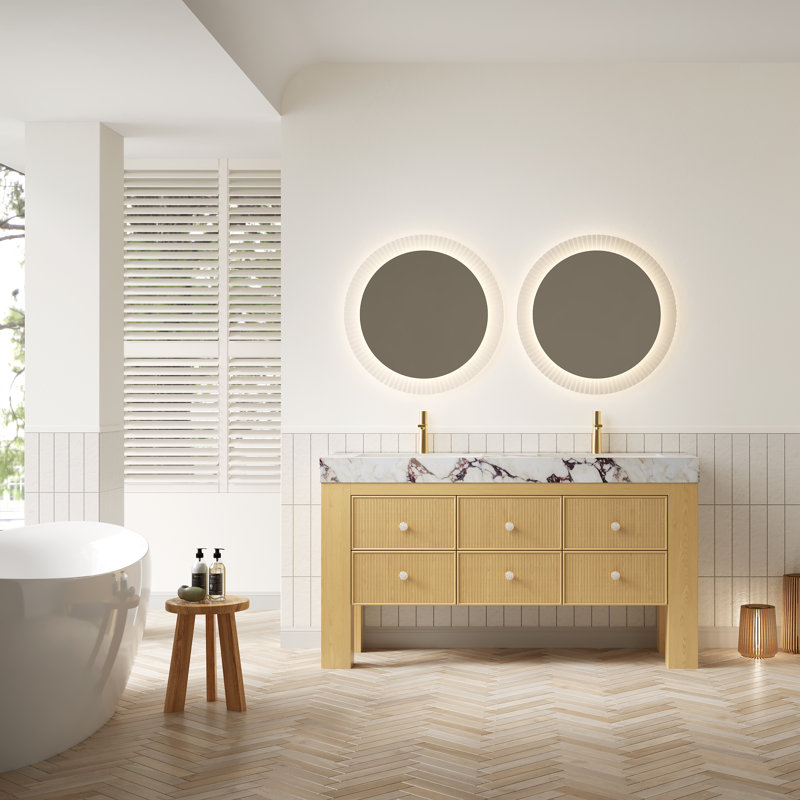Meuble-lavabo de 60 po en bois massif rayé avec lavabo encastré, armoire de rangement autoportante en contreplaqué avec six tiroirs, comptoir en pierre frittée blanche à texture mauve et deux lavabos rectangulaires en céramique blanche, pré-assembl