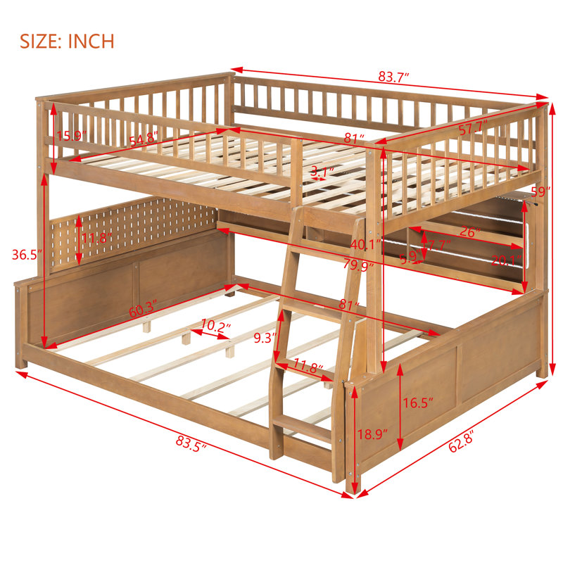Full Xl Over Queen Low Bunk Bed With Built In Lighted Shelves And Pegboard, Brown, Full XL over Queen