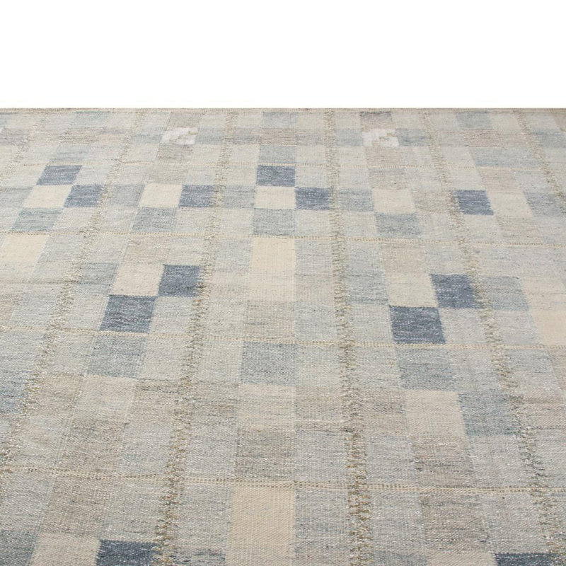 Rug & Kilim’S Scandinavian-Inspired Geometric Gray And Blue Wool Pile Rug, Rectangle 9' x 12'