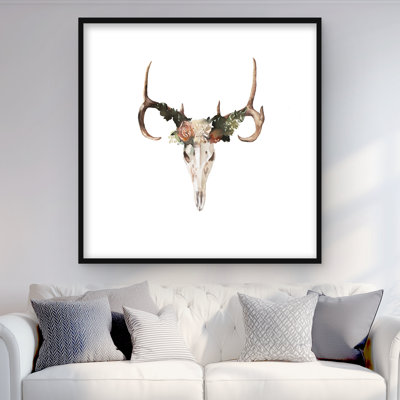 Crâne de cerf avec des roses - reproduction encadrée mate pour la décoration intérieure