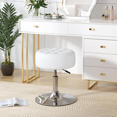Mid-Century Tufted Adjustable Swivel Makeup Ottoman Stool; Modern Big Size Round Vanity Stool Chair For Bedroom Living Room (White)