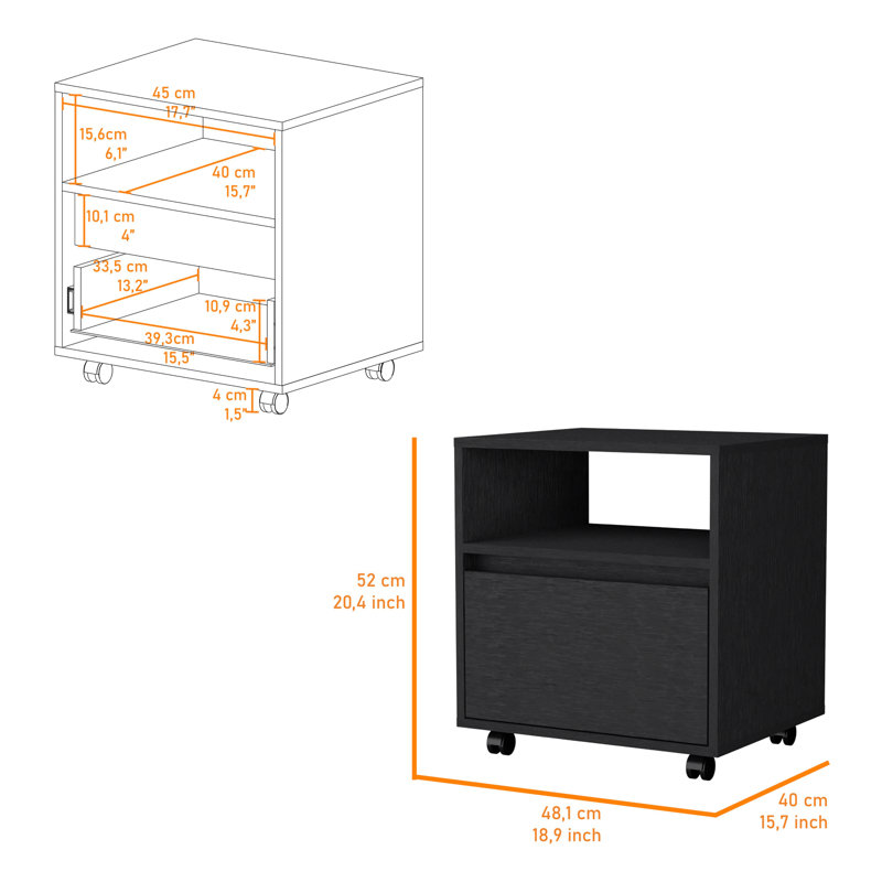 Élégante table de chevet à roulettes de couleur noire pour l'organisation de la chambre à coucher, Noir