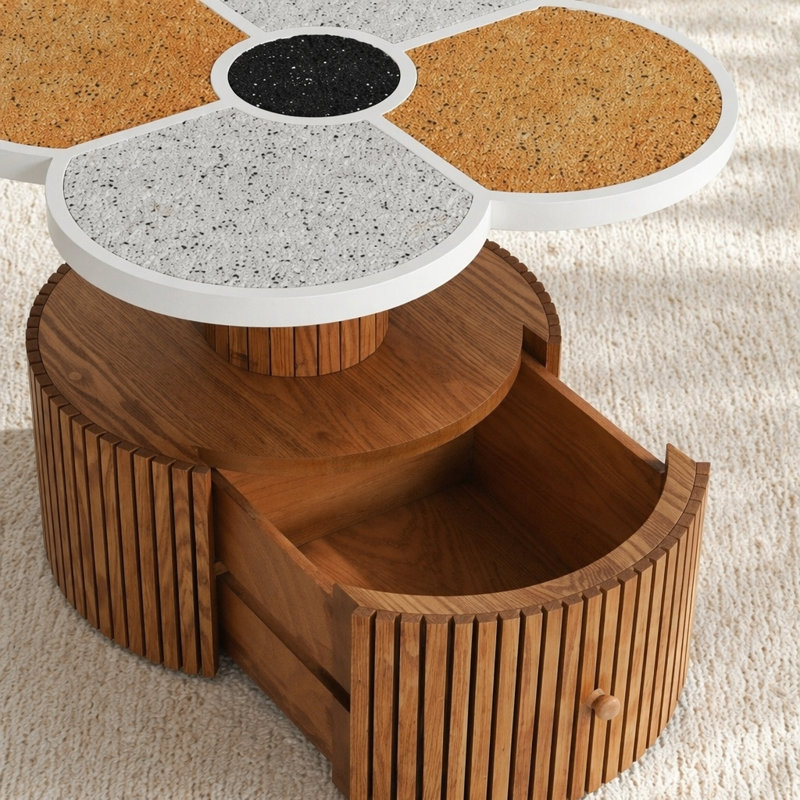 Table d'appoint unique à trèfle à quatre feuilles pour le salon, la chambre à coucher et les petits espaces - Table d'appoint avec base en grain de bois avec fonction de rangement