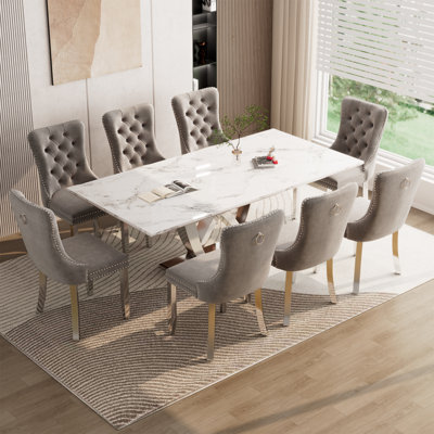 70" Faux Marble Dining Table Set for 8, with 8 Upholstered Chairs by Rosdorf Park