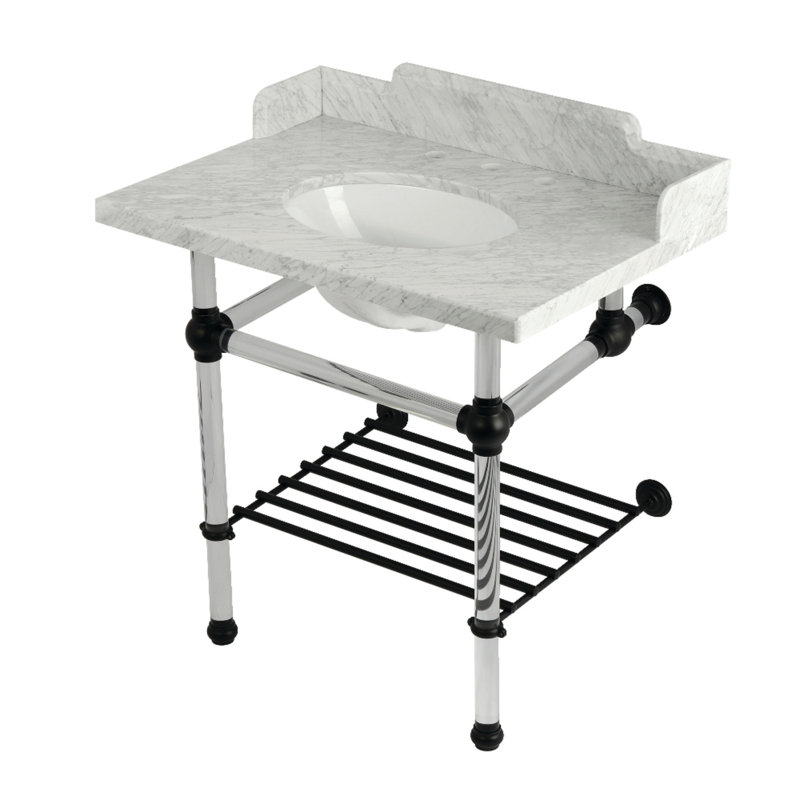 Kingston Brass Pemberton 30-Inch Carrara Marble Console Sink with Acrylic Legs and Shelf (8-Inch, 3-Hole), Matte Black