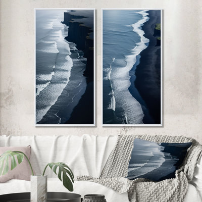 Plage noire de sable vue aérienne I - ensemble d'art mural sur toile plage et océan