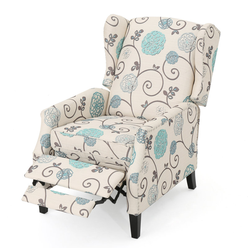 White+multi (floral) Pushback Recliner - Fabric Wingback With Nailhead Trim & Birch Wood Legs, White