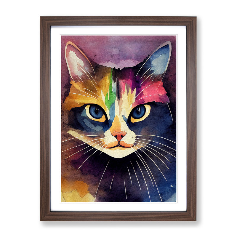 Cat Watercolour No.1 - Wall Art, 66cm H x 48cm W x 2cm D, Walnut Framed, White