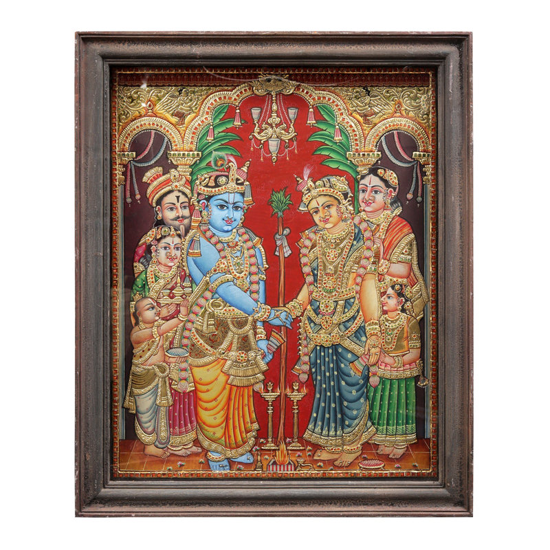 Peinture Rukmini Kalyanam Tanjore avec cadre en bois de teck