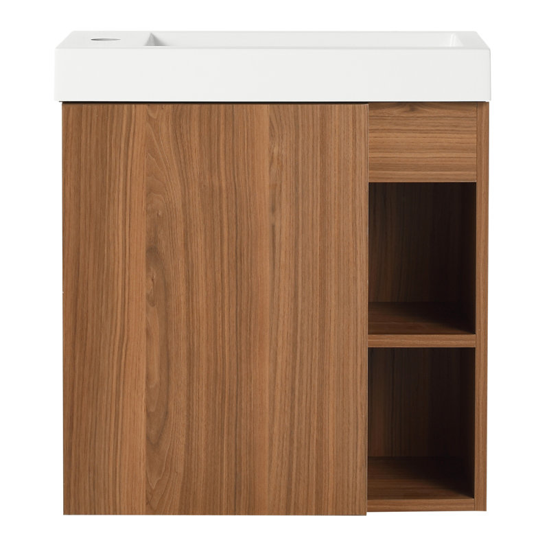 Meuble-lavabo de 20 po, lavabo en résine, porte, élégant, peu encombrant, hygiénique, abat-jour en noyer de 20 po, conception à fermeture en douceur, économiseur