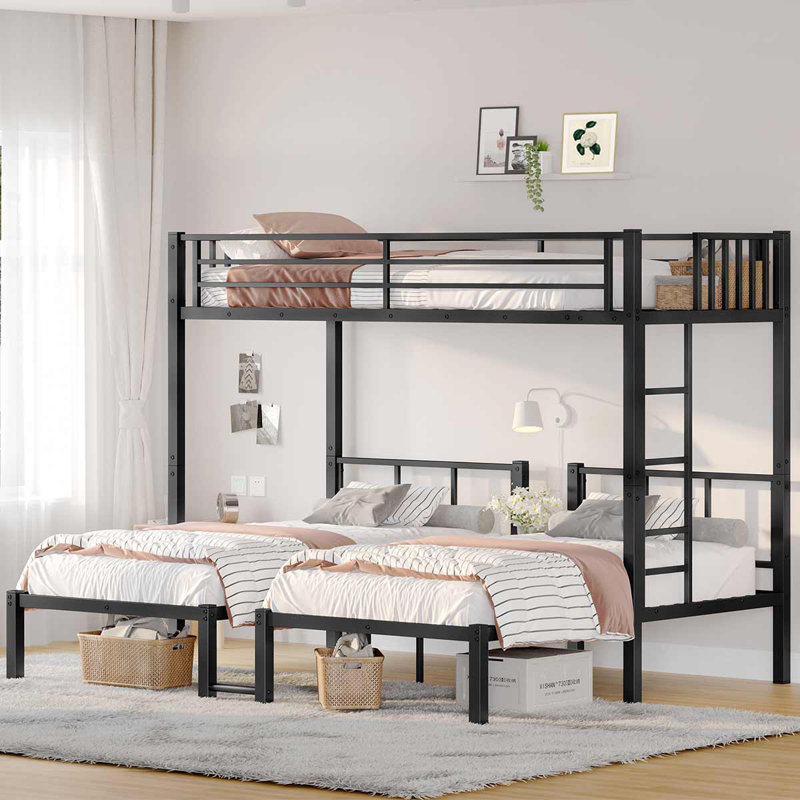 Lits superposés simple au-dessus de simple et simple pour 3 personnes, lit superposé triple en métal peu encombrant, Noir
