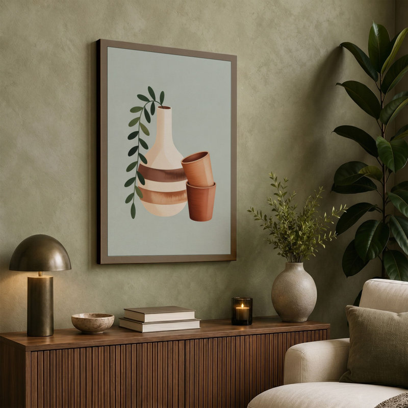 Vessels and Stems Minimalist 1 Piece Wrapped Canvas Wall Art, 30x20 - 76.2 x 50.8 cm, Teal Border