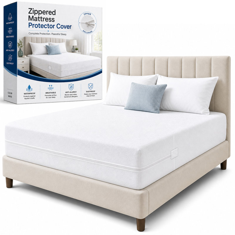 Protège-matelas imperméable avec fermeture à glissière avec dessus en éponge, respirant, confortable, lavable à la machine
