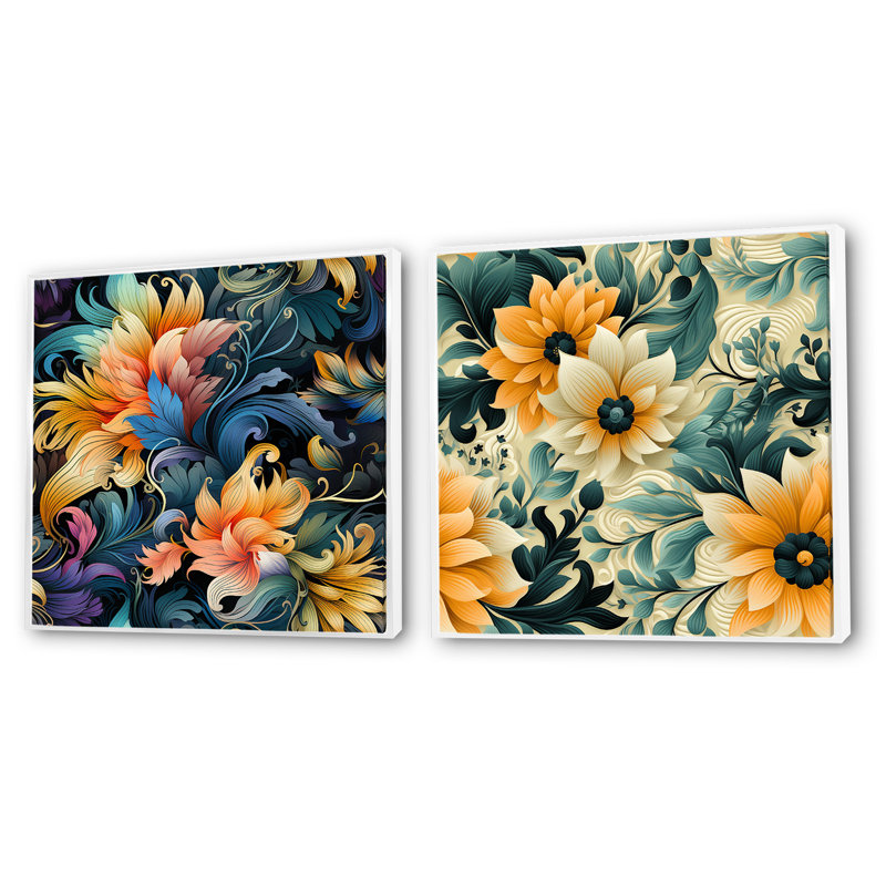 Janna - Ensemble de 2 collages carrés botaniques abstraits, H 16 po x l 33 po, Cadre flottant blanc