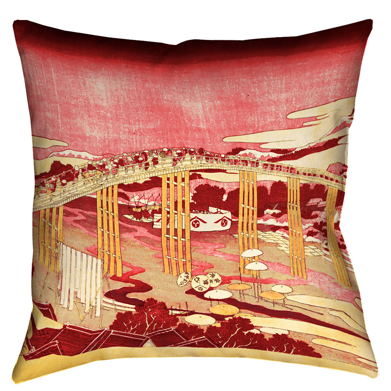 Coussin Katsushika Hokusai, 14 po x 14 po, Rouge/orange