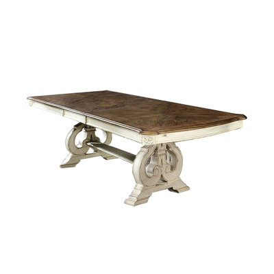 Rustic 1pc Dining Table In Antique White Solid Wood, 96" Long, 18" Expandable Leaf, Trestle Base, Rectangular Shape, Intricate Wood Inlay, For Room Se