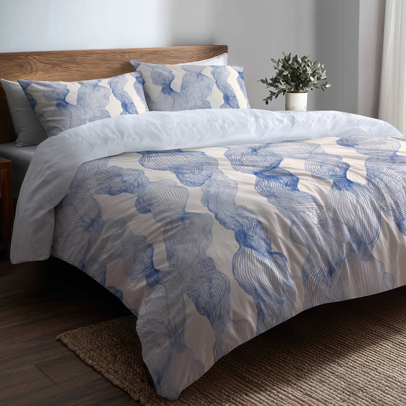 Ensemble de literie abstrait 3 pièces - Ensemble de housse de couette Blue Beachy Line