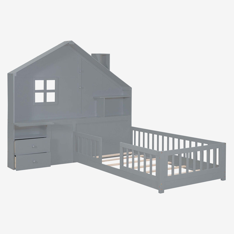 Twin Size House Bed with Window and Bedside Drawers,, Gray