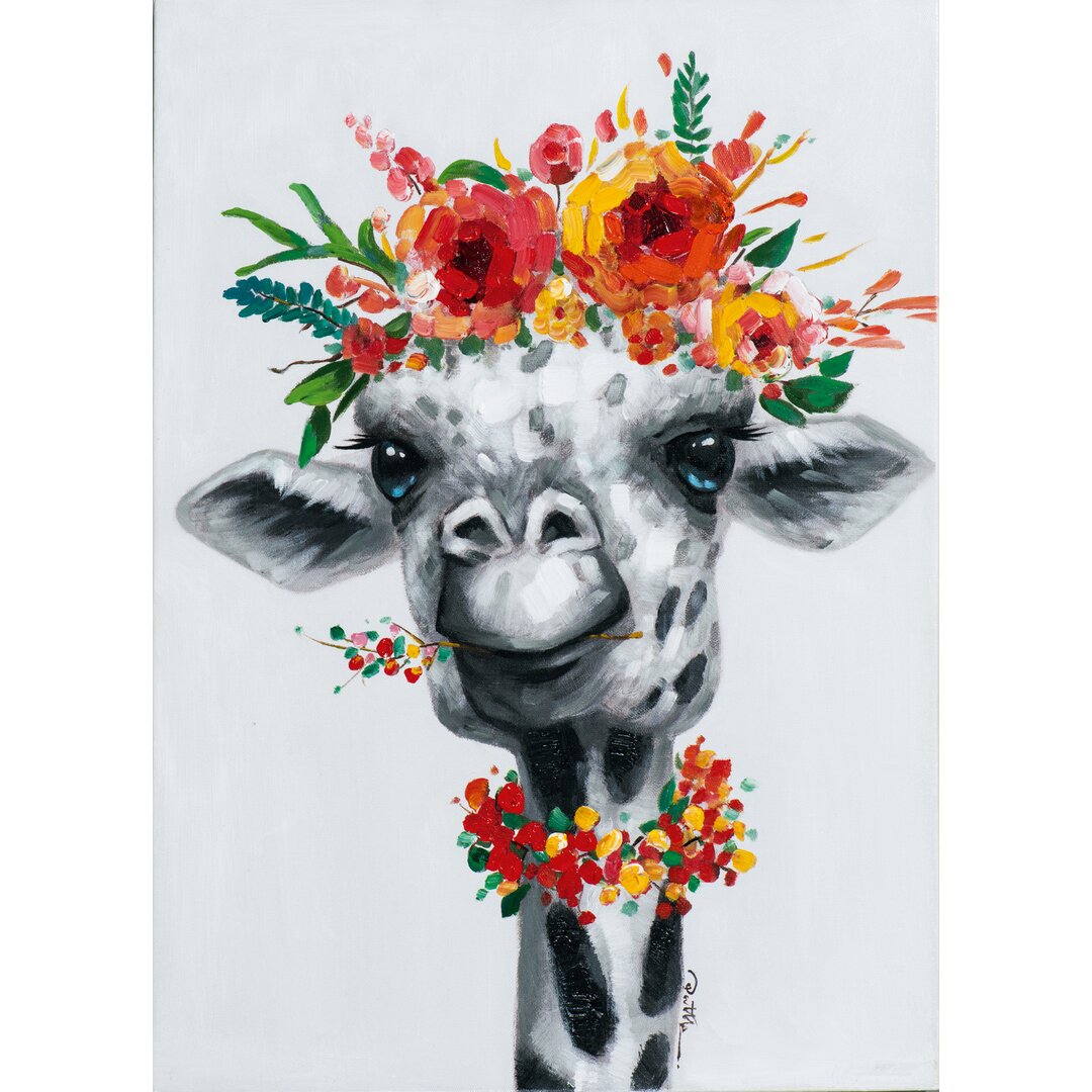 Leinwandbild Giraffe mit Blumenperücke