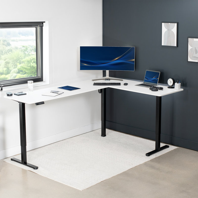 VIVO Electric Corner Standing Desk, L-Shaped Workstation, White/Black, 84.6" W x 23.6" D