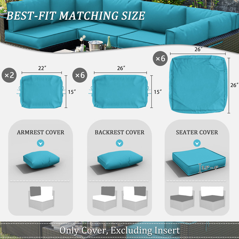 Cartert 14 Pcs Outdoor Cushion Cover Set For 4" Outdoor Cushions Patio Furniture Cushion Covers, Covers Only, Lake Blue